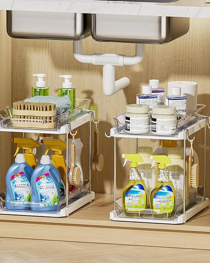 Delamu 2 Tier Bathroom Under Sink Organizers and Storage with Hook, Multi-Purpose Cabinet Drawers with Movable Dividers, Pull Out Organization for Countertop, Kitchen and Pantry(White, 2 Pack)