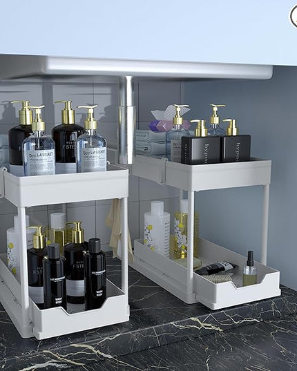 DEKAVA Cabinet, 2 Pack Under Sink Organizer, 2 Tier Sliding Bathroom Kitchen Organizer, Large White ABS Baskets, Easy Install & Clean