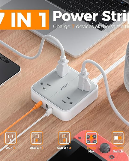 TESSAN Short Extension Cord, 1 Ft Ring Pull Surge Protector Power Strip with Multiple Outlets, 3 USB (1 USB C) 4 Outlets, 900J Surge Protection, Desktop Charging Station for Home, Office, Dorm Room