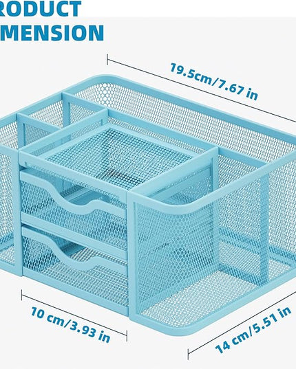 Marbrasse Mesh Desk Organizer, Pen Organizer with 2 Drawer, Multi-Functional Pencil Holder, Desk Organizers and Accessories with 5 Compartments + Drawer for Office Art Supplies (Blue)