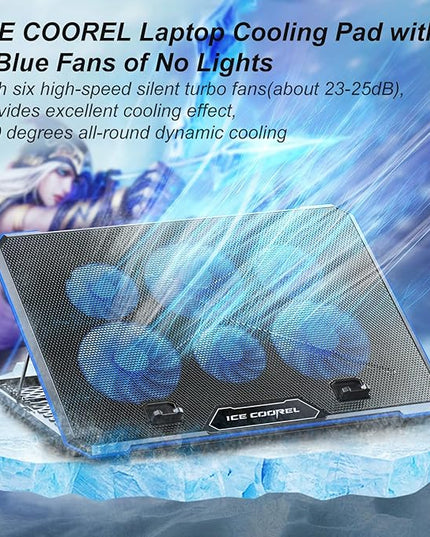ICE COOREL Laptop Cooling Pad with 6 Cooling Fan, Laptop Cooler Fan with No Lights, Cooling pad for Laptop 15-17 Inches, Notebook Cooler Stand with 9 Height Adjustable, Cooler Pad for Lap or Desk Use