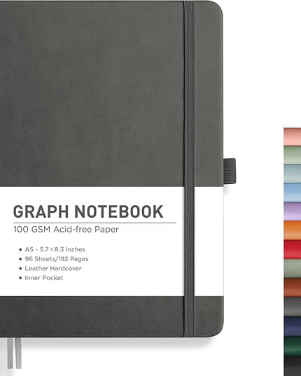 RETTACY Graph Grid Paper Notebook, 192 Pages, A5 Medium Size (5.7'' x 8.3''), 5 Squares per Inch, Leather Hardcover, 100 GSM Thick Paper, for School, Students, Math, Engineering (Gray)