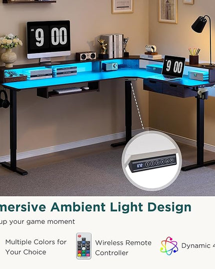 RedLemon 75X60 Inches L Shaped Electric Standing Desk, Height Adjustable Corner Gaming Desk with Drawers, Keyboard Tray, Power Outlets & LED Lights, Computer Desk with Monitor Shelf, Dark Walnut