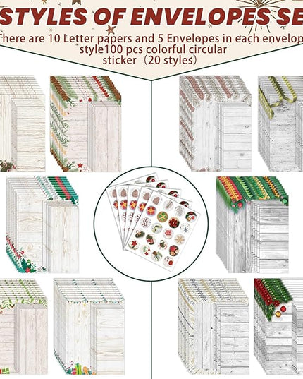 EggSun 250Pcs Christmas Stationery Paper and Envelope Set with 100 Letterhead Papers and 50 Envelopes, 10 Design for Letter Writing Invitations Computer Holidays Party Notes, 8.5x11 Inch-Wood Grain