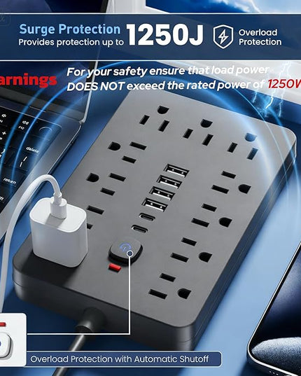 6 FT Flat Plug Surge Protector Power Strip,11 Multiple AC Outlets with 6 USB Ports (2 USB C), 6 Feet Extension Cord, 1250W/10A, One Touch Switch Button, 17 in 1 Compact powerstrip