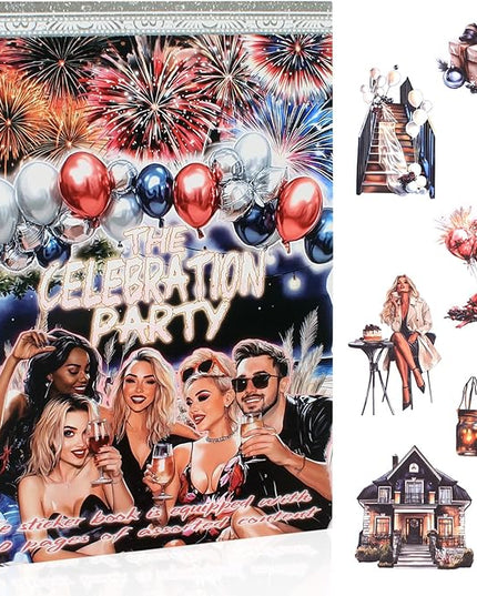 Dwpetzo Celebration Party Scene Scrapbook Sticker Book for Scrapbooking, 20 Sheets Pre-Cut PET Paper Washi Stickers for Journaling, Junk Journal Supplies, Craft Arts, Albumn, Bujo