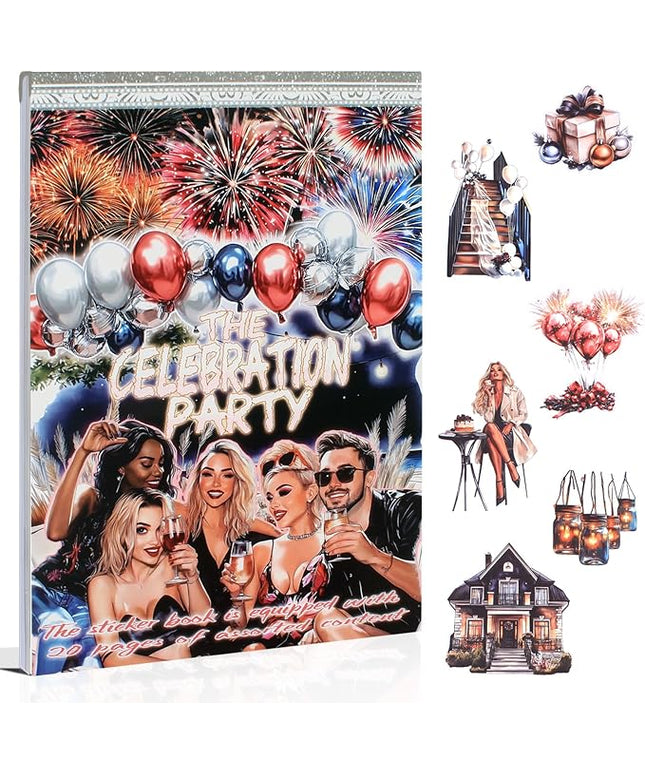 Dwpetzo Celebration Party Scene Scrapbook Sticker Book for Scrapbooking, 20 Sheets Pre-Cut PET Paper Washi Stickers for Journaling, Junk Journal Supplies, Craft Arts, Albumn, Bujo