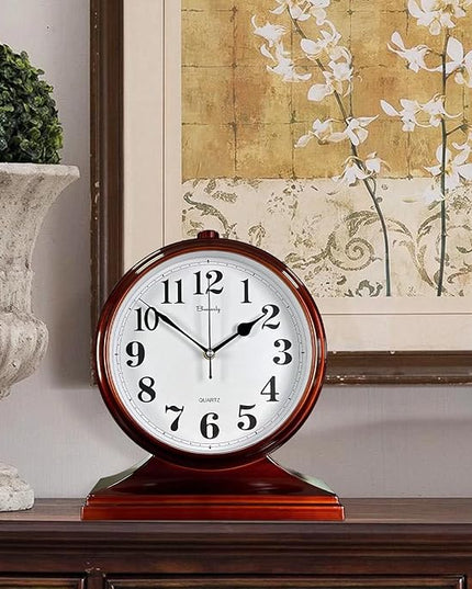 Beesealy Desk Clock for Table Decor,Retro Mantel Clock Battery Operated for Fireplace Mantel, Living Room,Bedroom,Office,Desktop Decoration (Brown)