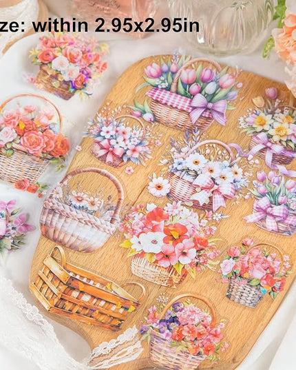 AuriicLeaf Floral Basket Holographic PET Sticker Set, 72Pcs Vintage Flower Stickers for Scrapbooking, Journaling, Junk Journal Supplies, and DIY Crafts