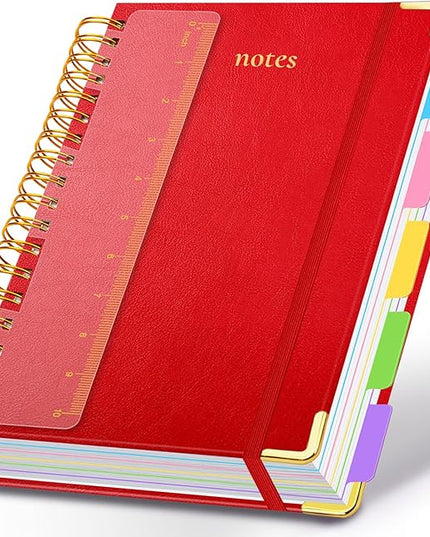Hardcover Spiral Notebook 8.5"x11" Journal Notebook with Tabs and Removable Dividers 300 Pages 5 Subject Notebook College Ruled, Faux Leather Spiral Bound Notebook for Women School Work(Red)