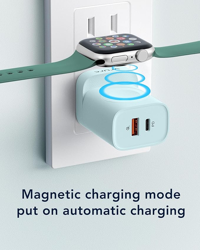 VRURC for Apple Watch Charger, Wireless Magnetic Portable iWatch Charger, PD 20W 3-in-1 Travel Essentials Fast Charging Block for iWatch Ultra/SE/11/10/9/8/7/6/5,iPhone 17/16/15/14/13 etc-Green