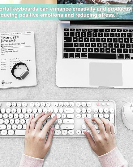 Wireless Keyboard and Mouse Combo, Ergonomic Full Size Typewriter Retro Round Keycaps Keyboard, Compatible with Windows, PC, Perfer for Home and Office Keyboards（White）