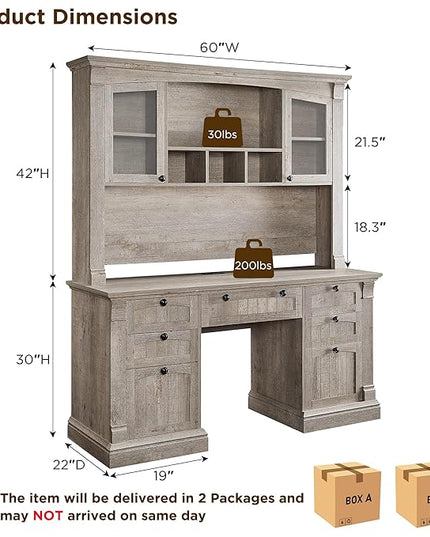 OKD 60" Executive Desk with Hutch and Drawers, Farmhouse Home Office Desk with Charging Station, Keyboard Tray, File Cabinet Storage, Wood Computer Desk for Work and Study, Light Rustic Oak