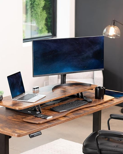VIVO 48 inch Desk Converter, K Series, Height Adjustable Sit to Stand Riser, Dual Monitor and Laptop Workstation with Wide Keyboard Tray, Rustic Vintage Brown Top, Black Frame, DESK-V048KN