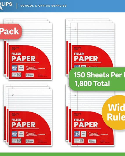 Wide Ruled Loose Leaf Paper Wide Ruled Notebook Paper Lined Writing Filler Paper 10.5” x 8” 56 gsm 1800 Sheets 150 Sheet Per Pack (12 Pack)