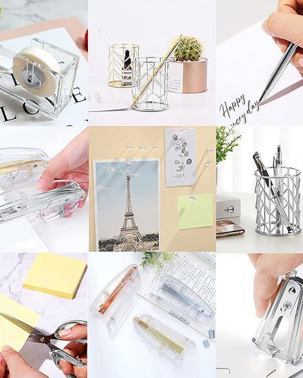 Office Desk Accessories，Office Supplies Set Acrylic Stapler Set Staple Remover, Tape Holder, Pen Holder, 2 Ballpoint Pen, Scissor, Binder Clips, Paper Clips and 1000pcs Staples(Silver)