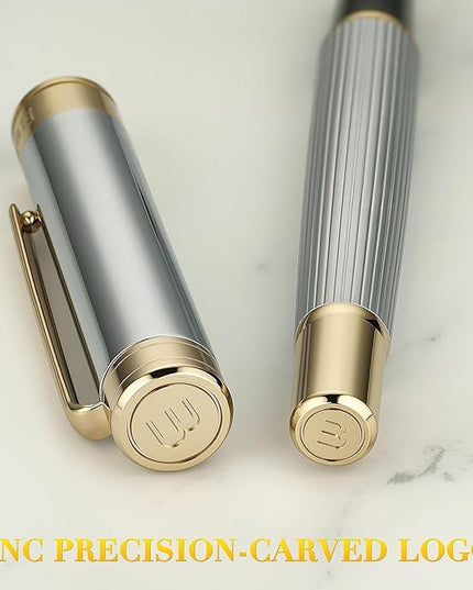 BEILUNER Lighthouse series Rollerball pen, Silver Chrome pen body, exquisite vertical lines, Schneider 850 refill, suitable for men, office, professionals, exquisite and chic designer pen