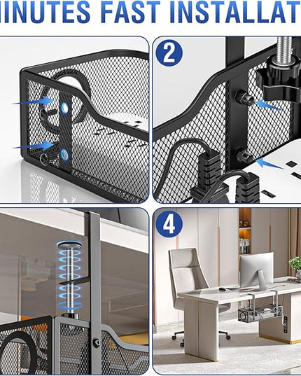 Under Desk Cable Management Tray, GZOKMOG Cord Management with Upgraded Clamp No Drill, Metal Cable Management Box for Home Office, Wire Management for Standing Desk, 2 Pack Black, 13.38 inch