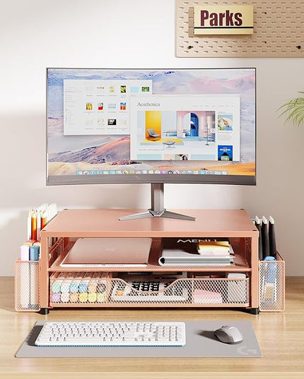 OPNICE Desk Organizers and Accessories, 2-Tier Computer Monitor Stand with Drawer and 2 Pen Holders, Laptop Stand, Office Desk Accessories for Office Supplies, Rose Gold