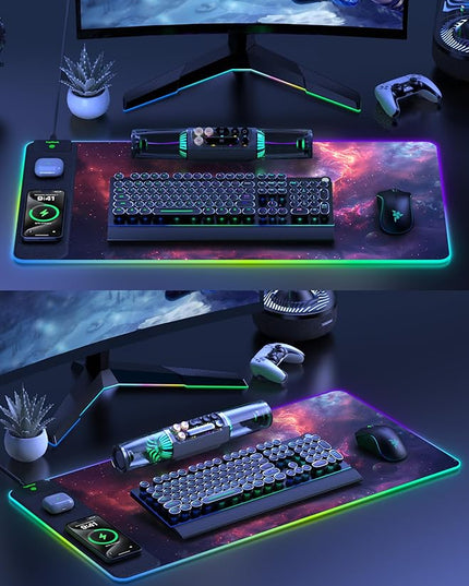 TopMade RGB Gaming Mouse Pad with 15W Wireless Charging, 31.5” x 15.8” XXL Large Desk Mat Home Office Keyboard Pad for Desk, Waterproof Mousepad with Smooth Surface, Non-Slip Base, Galaxy Nebula