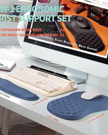 2-in-1 Ergonomic Set, Wave Rise Keyboard Wrist Rest and Massage Bulge Slope Mouse Pad Wrist Support, Cushion Memory Foam Integrated to Relieve Wrist Pain, Dark Blue