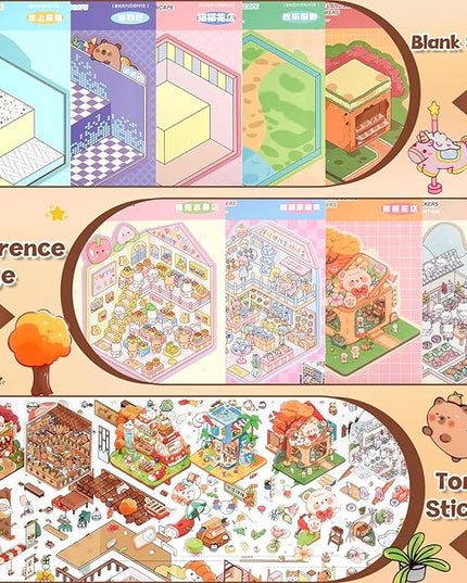 ASTARON 20 Sets DIY 3D Sticker Scene Book Sticker Therapy for Adults, Make Your Own Mini Cozy Shop House Room Stickers Cute Cartoon Miniature Stickers Relief Stress Pass The Time