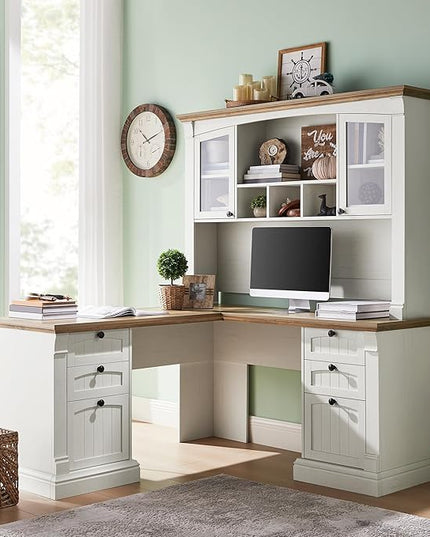OKD 60" L Shaped Executive Desk with Hutch and Drawers, Farmhouse Home Office Desk with Charging Station, File Cabinet Storage, Wood Corner Computer Desk for Work and Study, Antique White