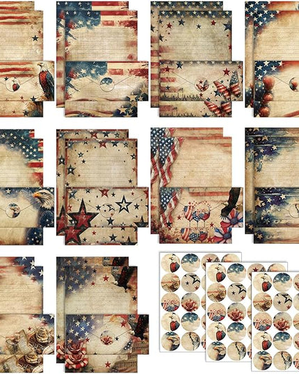 TaoBary 160 Pcs Stationery Paper Set 50 Double Sided Stationery Papers with 50 Matching Envelopes and 60 Round Dot Sticker, 10 Design(Patriotic,8.5 x 11 Inch)