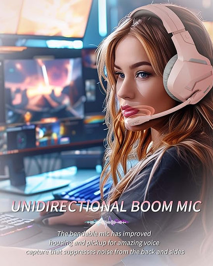 BINNUNE 2.4GHz Wireless Gaming Headset, Bluetooth 5.3 Gaming Headphones with Noise Canceling Mic, 120H Ultra-Long Battery, 50mm Drivers, Multi-Platform for PC / PS5 /PS4/ Switch/Mobile, Pink
