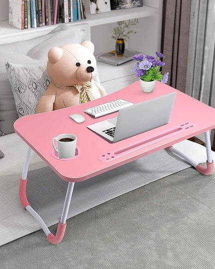 Slendor Lap Desk with Cup Holder, Foldable Laptop Table for Bed, Portable Bed Desk for Laptop and Writing, Computer Tray with Tablet Slot, Notebook Stand Reading Holder for Couch Sofa Floor,Pink
