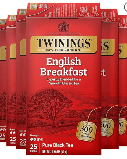 Twinings English Breakfast Black Tea Individually Wrapped Bags, 25 Count (Pack of 6), Flavourful, Robust Black Tea, Caffeinated, Enjoy Hot or Iced, 150 Teabags