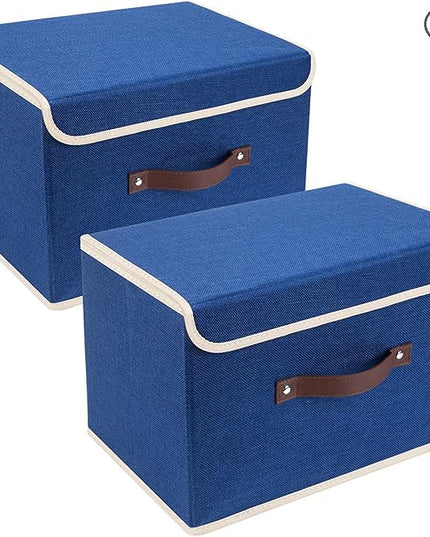 TYEERS Collapsible Storage Boxes, Washable Fabric Storage Bins with Lids, 14.9x9.8x9.8 inches, 2 Pack, Classic Blue