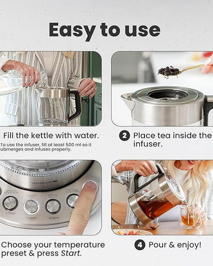 Vianté Electric Kettle With Infuser For Loose Leaf. Hot Tea Maker With Temperature Control And Automatic Shut Off. Tea Kettle With Brewing Programs. 1.5 Liters Capacity