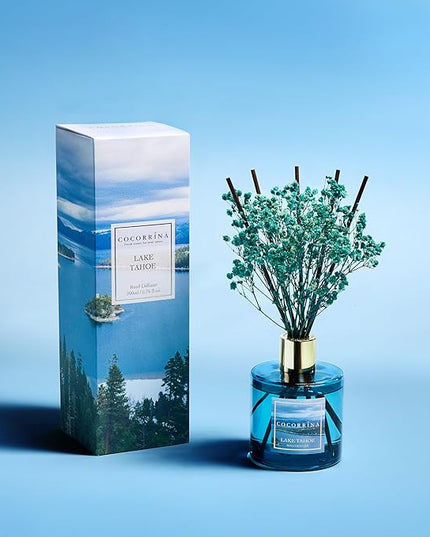 COCORRÍNA Reed Diffuser - Lake Tahoe 6.7 Fl.oz Reed Diffuser Set with 8 Sticks & Preserved Baby's Breath, Reed Diffuser for Home Bathroom Shelf Decor