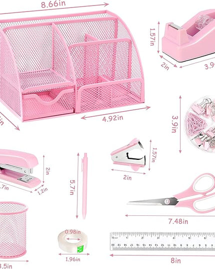 Pink Office Desk Accessories Supplies, 12pcs Desk Organizers and Accessories with Tape dispenser and Stapler,Staples,Staple Remover,Pen Holder,Scissor,Ruler,Sticky Tabs,Tape,Ballpoint Pen,Clips Set