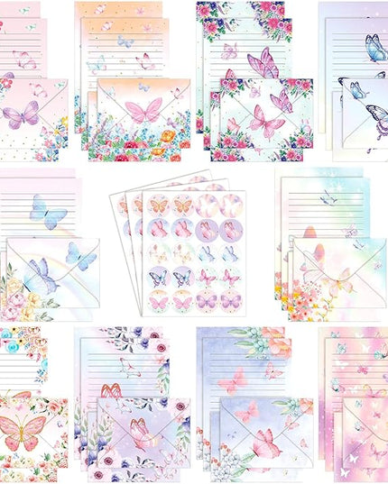 TaoBary 160 Pcs Stationery Paper Set 50 Double Sided Stationery Papers with 50 Matching Envelopes and 60 Round Dot Sticker, 10 Design(Watercolor Butterfly,5.5 x 8.25 Inch)