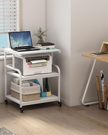 White Printer Stand, 23.6 x18.9 x 30 Inches Big Size Printer Table with Adjustable Shelf, 3 Tier Rolling Printer Cart with Wheels for Home Office Storage and Organization