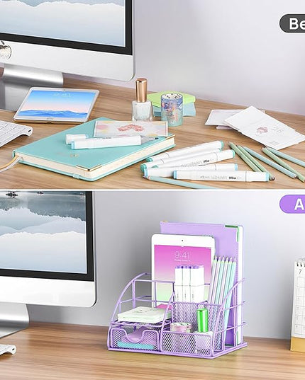 Purple Desk Organizers and Accessories Office Supplies Set Stapler, Pen Holder, Phone Holder, Scissors, Pen, Ruler, 30 Paper Clips, 22 Binder Clip, 20 Tacks and 1000pcs Staples