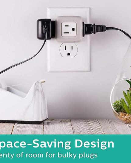 Philips 3-Outlet Extender, Surge Protector, Charging Station, Grounded Wall Tap, 3-Prong, Space Saving Design, Gray, SPP3002GR/37