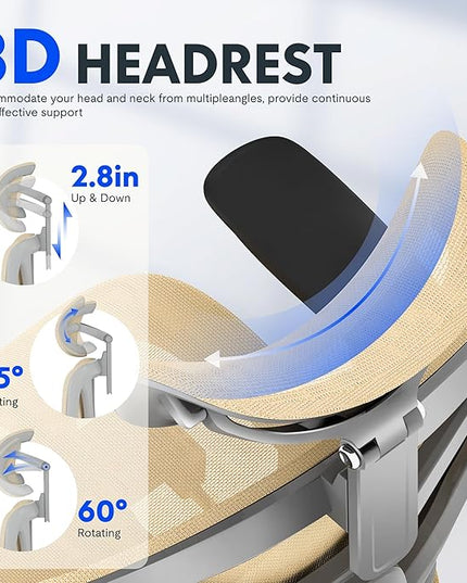 FLEXISPOT ErgoX Premium Ergonomic Office Chair with Footrest- Adjustable 3D Armrests, Dynamic Lumbar Support, Recline & Tilt Function, Mesh Seat, for Home & Office Use,Cream