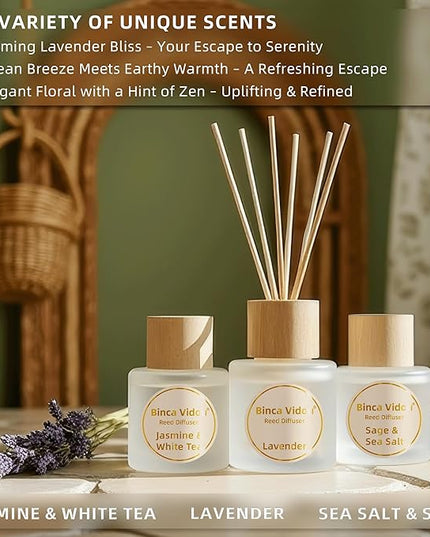 Reed Diffuser Set of 3, Binca Vidou Lavender, Jasmine & White Tea, Sage & Sea Salt Natural Scent Oil Diffusers with Sticks for Home Office Bathroom Aromatherapy Decor 1.69oz x 3