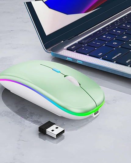 Wireless Bluetooth Mouse Rechargeable Laptop Mice with LED Lights Silent Slim Use(BT5.2 and 2.4G Portable USB) Dual Mode Computer Mouse for Laptop/iPad/Tablet/Apple/Computer/Mac (Green)