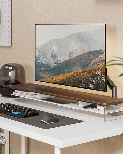Fenge Acrylic Monitor Stand Riser, 42.5 Inches Dual Monitor Stand with Metal Storage, 2 Tier Acrylic Computer Riser for Desk, Clear Laptop Stand for PC, Laptop, Printer, TV, Brown