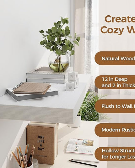 12 Inch Deep White Floating Shelves, 24 x 12 Floating Shelf for Books, Rustic Wood Deep Wall Shelves for Home Storage & Display, 2" Thicked Shelves for Kitchen, Living Room, Bedroom, 2 Pack
