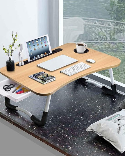 Slendor Lap Desk with Tablet Slot, Foldable Laptop Table with Storage Drawer for Bed，Portable Bed Desk for Laptop, Computer Tray with Cup Holder Notebook Stand Reading Holder for Couch Floor, Walnut