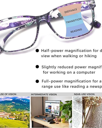 CLASAGA Progressive Multifocus Reading Glasses for Women, Pattern Print Blue Light Block Stylish Ladies Computer Readers