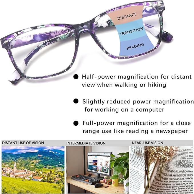 CLASAGA Progressive Multifocus Reading Glasses for Women, Pattern Print Blue Light Block Stylish Ladies Computer Readers