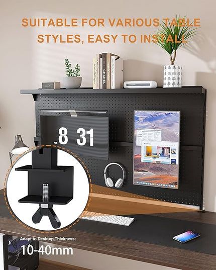KEIKI Metal Pegboard Desk Organizer with Dual Monitor Stand, 59" x 35" Large Desk Peg Board with Hooks & Movable Panel, Office Organization and Storage Shelf for Gaming or Workstation Setup, Black