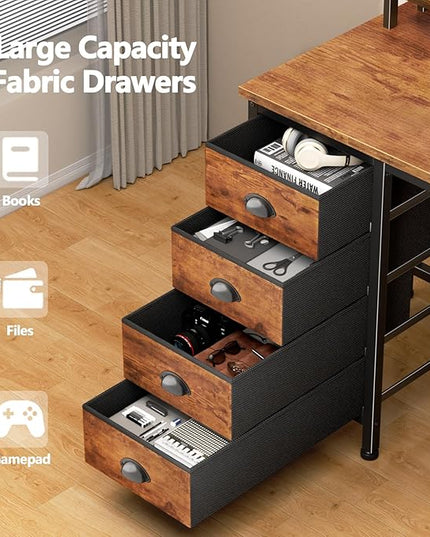 Furologee 47" Computer Desk with 4 Fabric Drawers & Monitor Stand, Gaming Desk with Power Outlets - LED Lights, Home Office Space-Saving Study Table for Bedroom Small Spaces (Rustic Brown)