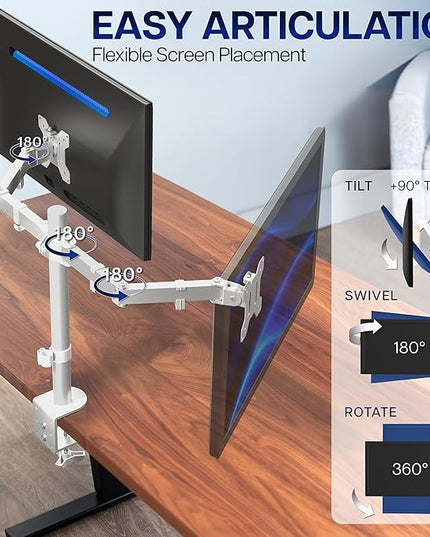 VIVO Dual Monitor Desk Mount, Heavy Duty Fully Adjustable Steel Stand, Holds 2 Computer Screens up to 30 inches and Max 22lbs Each, White, STAND-V002W